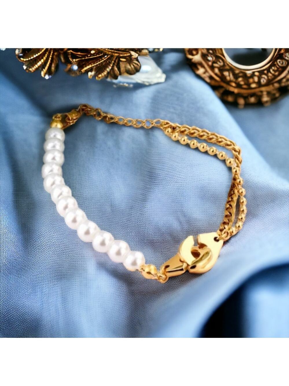 NEW 18K yellow gold plated pearl beaded chain bracelet jewelry B20A
